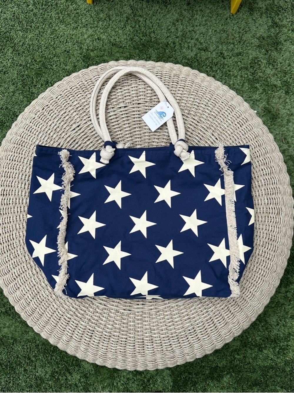 Oversized Nautical Star Beach Tote Bag with Rope Handles & Fringe Detail